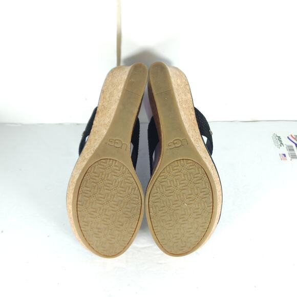 UGG Women's Natassia US8 Black Leather SlipOn Cork Wedge Platform Thong Sandals - Picture 12 of 15